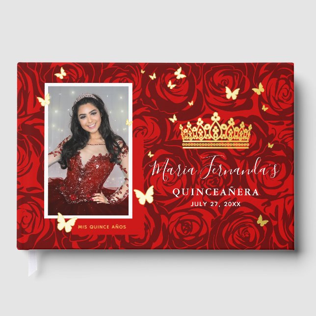 Elegant Photo Real Gold Foil and Red Quinceanera Guest Book (Front)