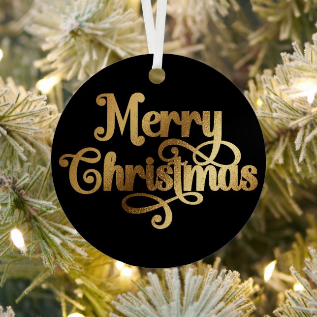 Elegant Photo Retro Black and Gold Merry Christmas Metal Tree Decoration (Insitu)