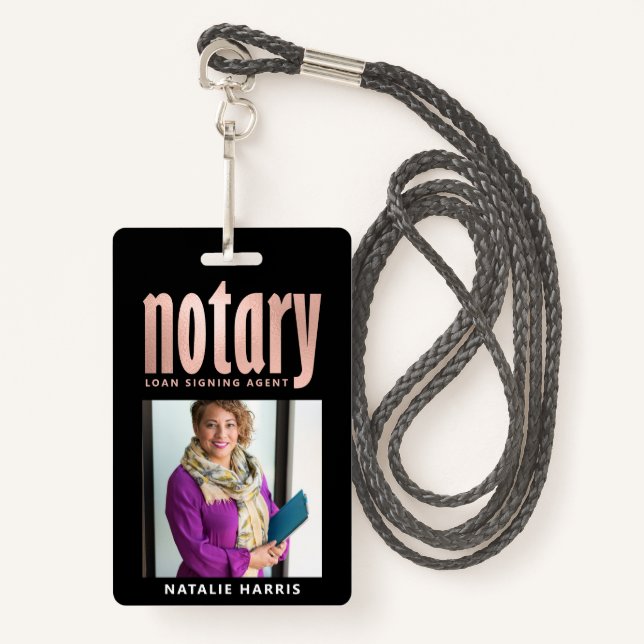 Elegant Photo Rose Gold Notary Loan  ID Badge (Front with Lanyard)