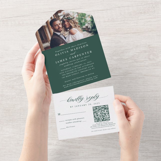 Elegant Photo RSVP QR Code Emerald Green Wedding All In One Invitation (Tearaway)
