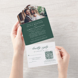 Elegant Photo RSVP QR Code Emerald Green Wedding All In One Invitation