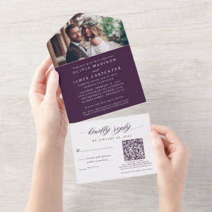 Elegant Photo RSVP QR Code Purple Violet Wedding All In One Invitation