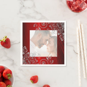 Elegant Photo Ruby Red Grey Swirls Wedding Napkin