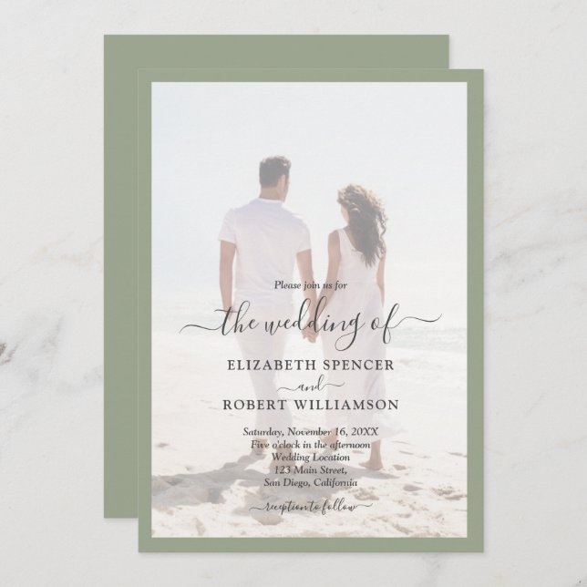 Elegant Photo Sage Green Wedding Invitation (Front/Back)