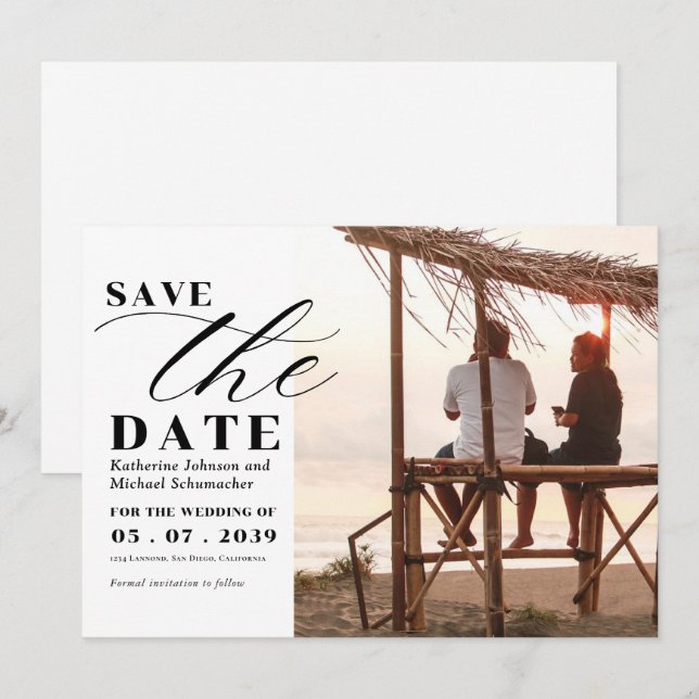 Elegant Photo script calligraphy & QR Code Wedding Save The Date (Front/Back)