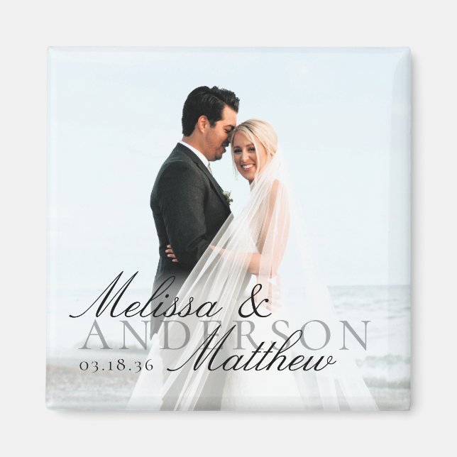 Elegant Photo Script Date Names Wedding Favour Magnet (Front)