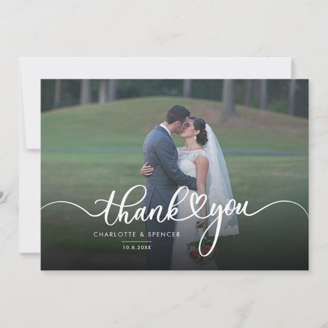 Elegant Photo Script Hand-Lettered Wedding Thank You Card (Front)