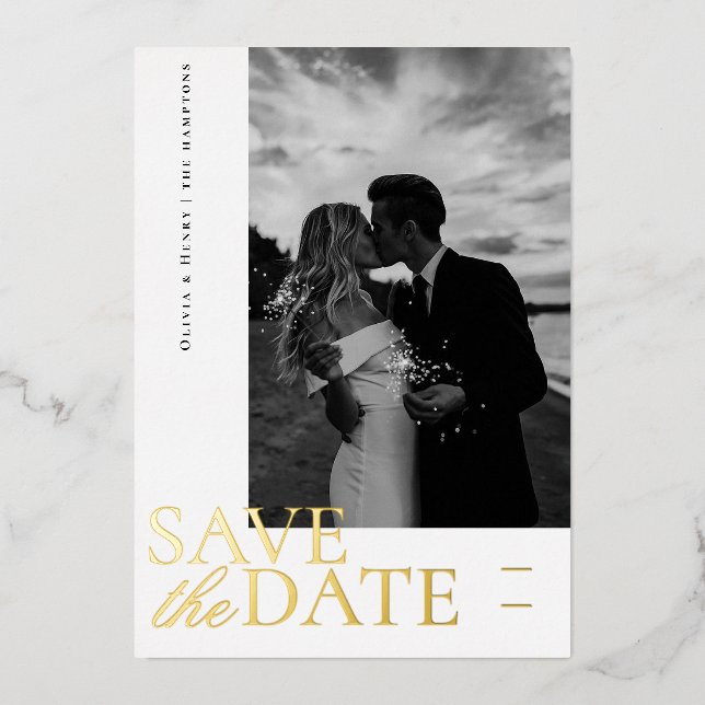 Elegant Photo Script Save the date Foil Holiday Card (Front)