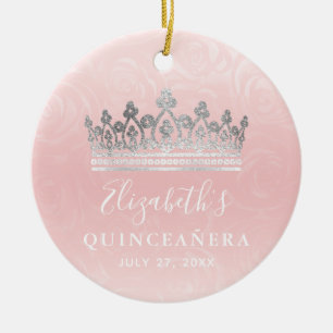 Elegant Photo Silver and Blush Pink Quinceanera Ceramic Ornament