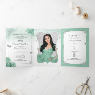 Elegant Photo Silver and Seafoam Green Quinceañera Tri-Fold Invitation