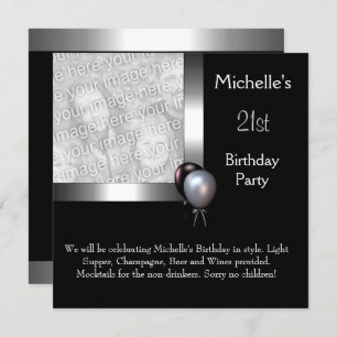 Elegant Photo Silver Black Balloon 21st Birthday Invitation