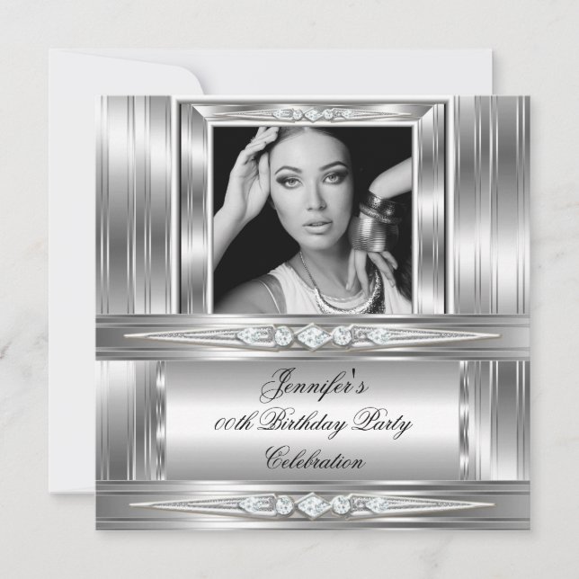 Elegant Photo Silver Diamond Birthday Party Invitation (Front)