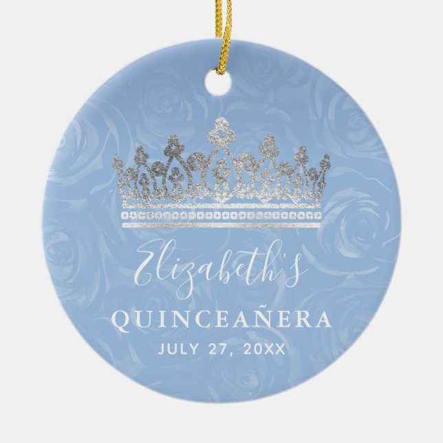 Elegant Photo Silver Light Baby Blue Quinceanera Ceramic Ornament (Front)