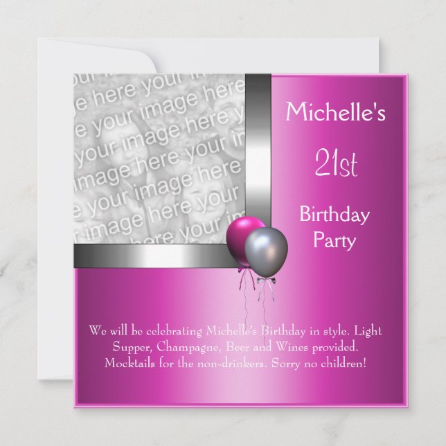 Elegant Photo Silver Pink Balloon 21st Birthday Invitation (Front)