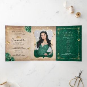 Elegant Photo Spanish Green Rose Gold Quinceanera Tri-Fold Invitation
