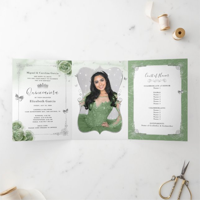 Elegant Photo Spanish Sage Green Silver Quince Tri-Fold Invitation (Inside)
