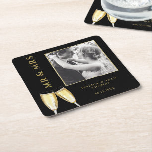 Elegant Photo Wedding Champagne Square Paper Coaster