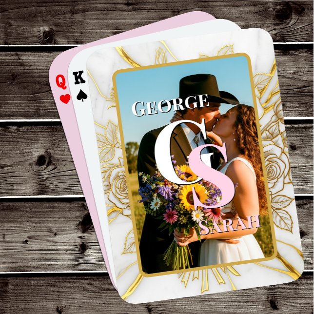 Elegant Photo Wedding, Marble, Gold, Initials Playing Cards (Creator Uploaded)