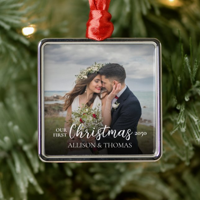 Elegant Photo Wedding Our First Christmas Simple Metal Ornament (Tree)