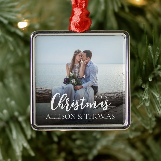 Elegant Photo Wedding Our First Christmas Simple Metal Ornament (Tree)
