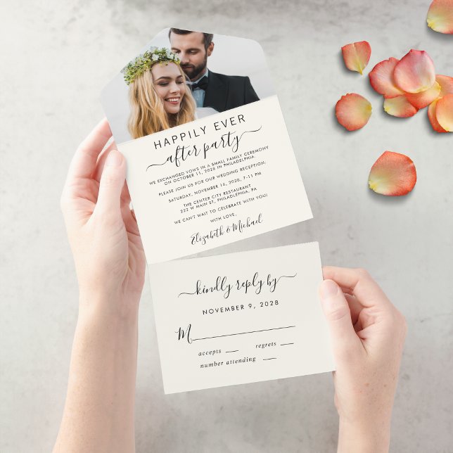 Elegant Photo Wedding Reception Cream All In One Invitation (From private vows to a grand party - invite family and friends to celebrate your marriage!)