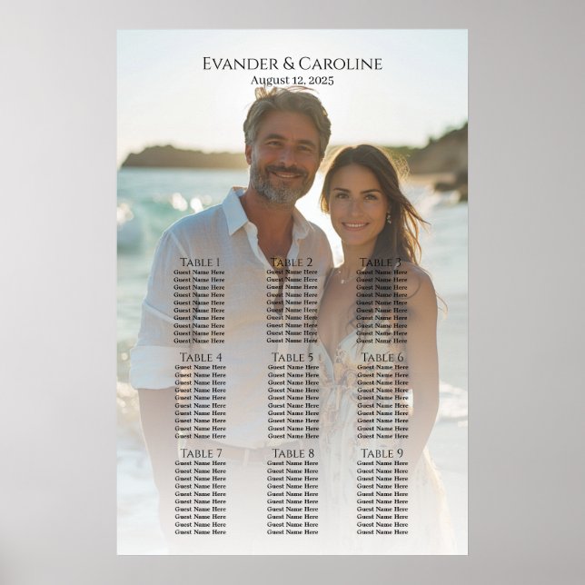 Elegant photo wedding seating chart 9 tables (Front)