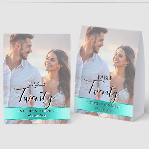 Elegant Photo Wedding Table Number Turquoise band