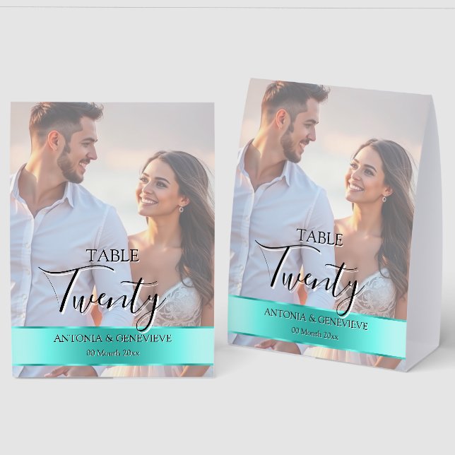 Elegant Photo Wedding Table Number Turquoise band (Front/Back)