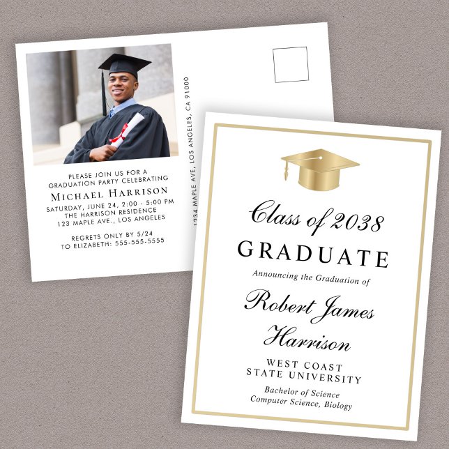Elegant Photo White Gold Graduation Party Invitation Postcard (An elegant college graduation party invitation to celebrate the graduate's achievements)