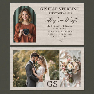 Elegant Photographer Linen Script Professional Business Card
