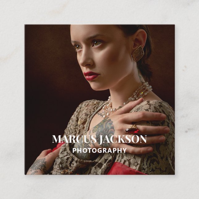 Elegant Photographer White Typography On Photo Square Business Card (Front)
