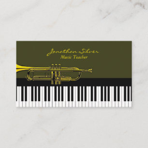 Elegant Piano Keys & Trumpet Music Teacher Business Card