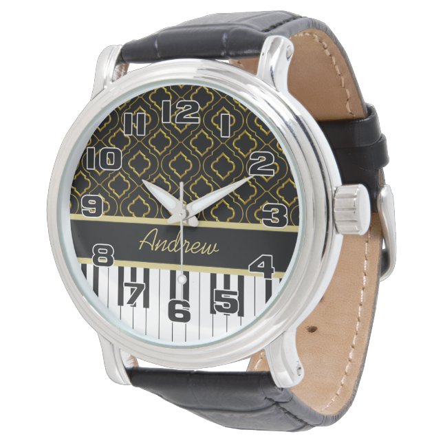 Elegant Piano Keys with Gold Quatrefoil on Black Watch (Angled)