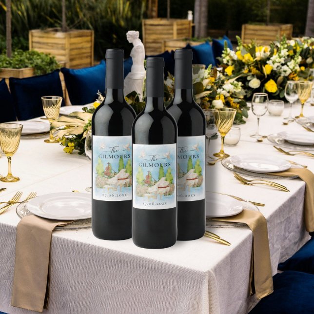 Elegant Piano | Violin flower doves Wedding Luxury Wine Label (Creator Uploaded)