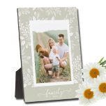 Elegant Picture Easel Back Frameless Photo Holder Plaque<br><div class="desc">Tabletop plaque with a built-in easel features your favourite photo surrounded with a beautiful border of white foliage, dots and berries on a pale green background. CHANGE the background colour to MATCH your photo. CHANGE the FAMILY text to anything - TIP: put your text between the two squares to retain...</div>