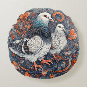 Elegant Pigeon Pair Amidst Intricate Floral Art Round Cushion