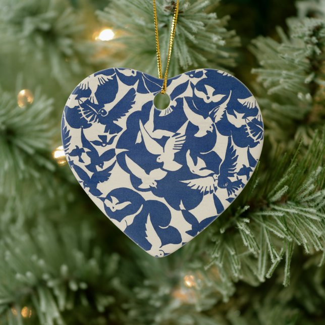 Elegant Pigeons in White and Blue Ceramic Ornament (Tree)