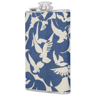 Elegant Pigeons in White and Blue Hip Flask