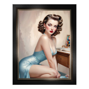 Elegant Pin-Up Girl Beauty In Satin Blue Attire Photo Print