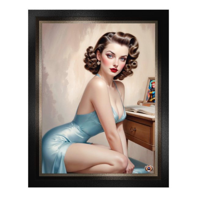 Elegant Pin-Up Girl Beauty In Satin Blue Attire Photo Print (Front)