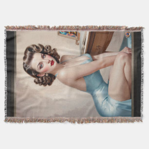 Elegant Pin-Up Girl Beauty In Satin Blue Attire Throw Blanket