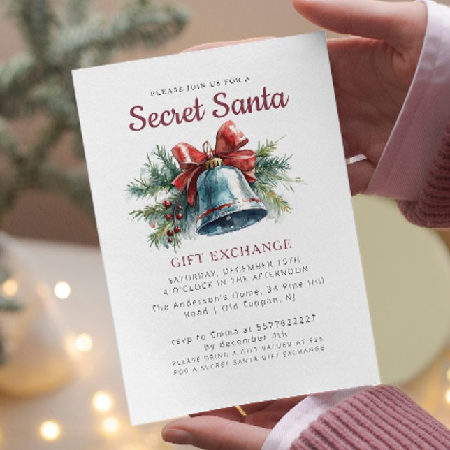 Elegant Pine and Bell Secret Santa Christmas Party Invitation (Creator Uploaded)
