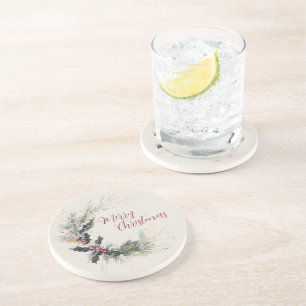 Elegant Pine and Holly Wreath with Gold Accents Coaster