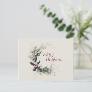 Elegant Pine and Holly Wreath with Gold Accents Holiday Postcard
