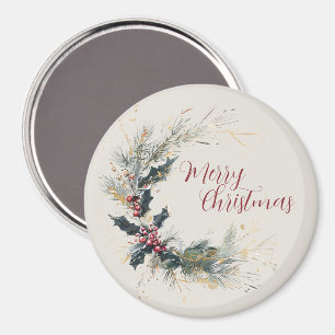 Elegant Pine and Holly Wreath with Gold Accents Magnet