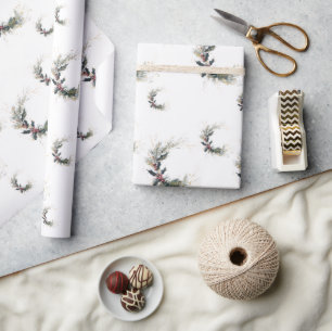 Elegant Pine and Holly Wreath with Gold Accents Wrapping Paper