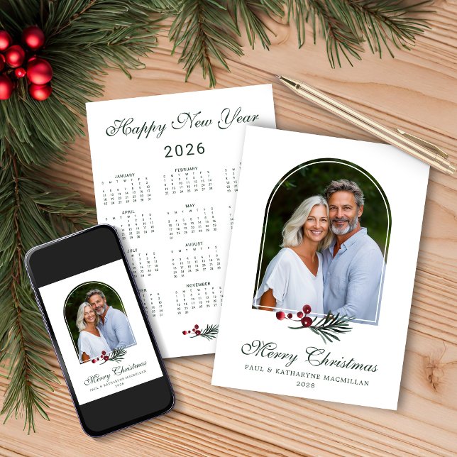 Elegant Pine Arch Christmas 2026 Photo Calendar Holiday Card (Elegant Pine Arch Christmas 2026 Photo Calendar Holiday Card with Instant Download)