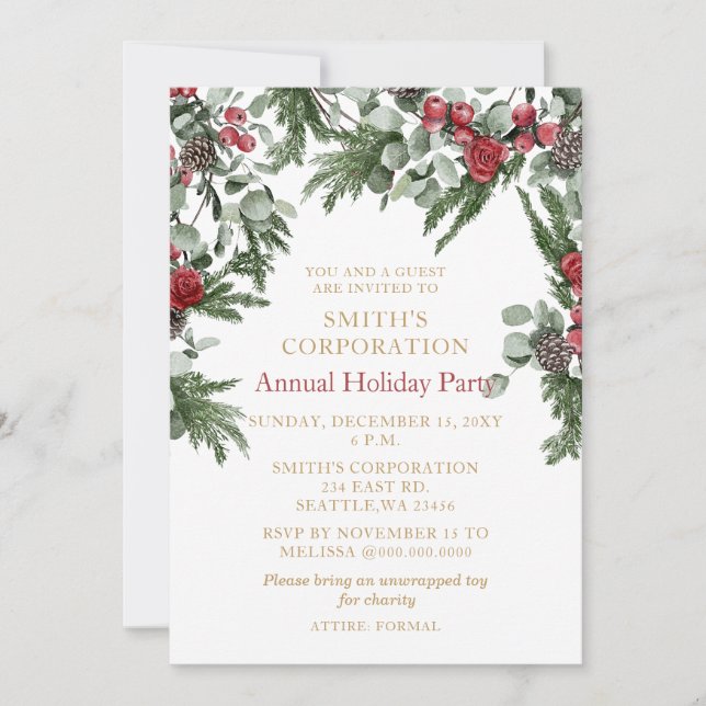 Elegant Pine Berries Corporate Holiday Party  Invitation (Front)