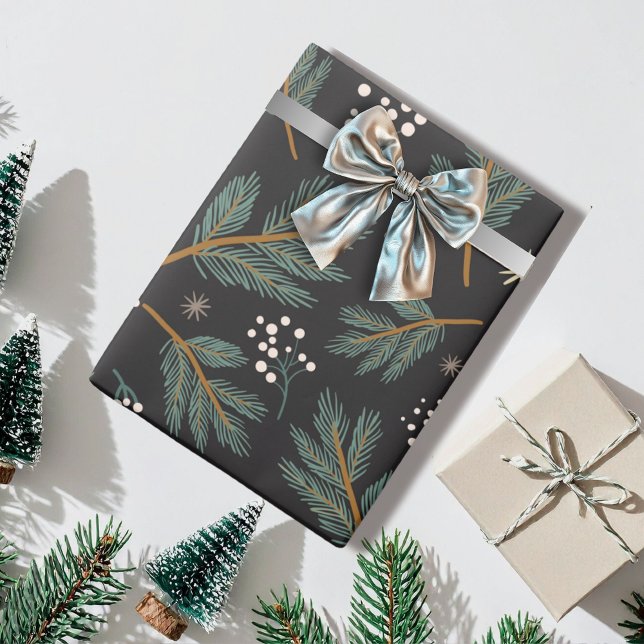 Elegant Pine Branch Christmas Black  Wrapping Paper (Creator Uploaded)