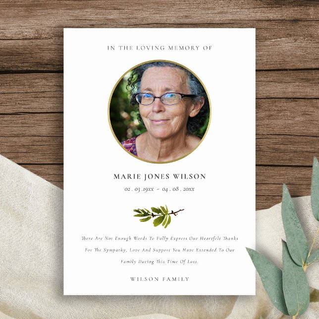 Elegant Pine Branch Fauna Photo Sympathy Memorial Thank You Card (Creator Uploaded)